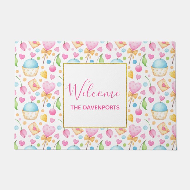 Hearts and Cupcakes Delightful Watercolor Pattern Doormat (Front)