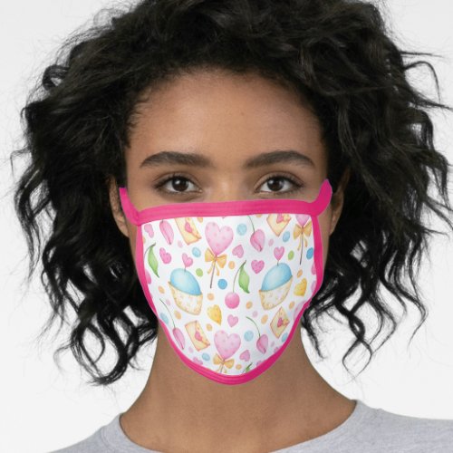 Hearts and Cupcakes Delightful Watercolor Pattern Face Mask