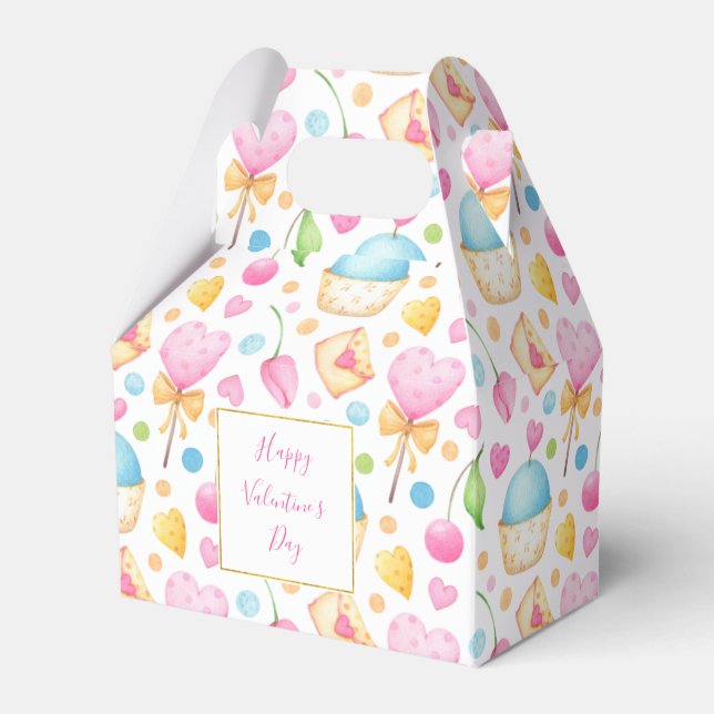 Hearts and Cupcakes Delightful Watercolor Pattern Favor Boxes (Front Side)