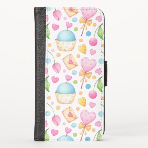 Hearts and Cupcakes Delightful Watercolor Pattern iPhone X Wallet Case