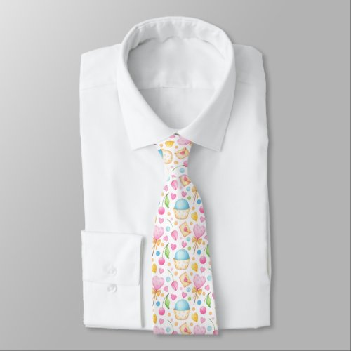 Hearts and Cupcakes Delightful Watercolor Pattern Neck Tie