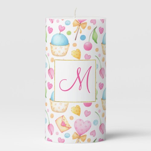 Hearts and Cupcakes Delightful Watercolor Pattern Pillar Candle