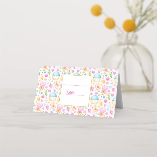  Hearts and Cupcakes Delightful Watercolor Pattern Place Card