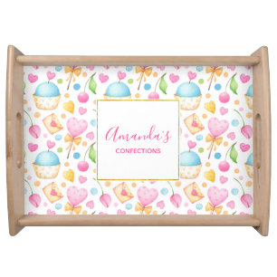 Hearts and Cupcakes Delightful Watercolor Pattern Serving Tray