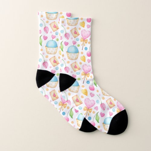 Hearts and Cupcakes Delightful Watercolor Pattern Socks