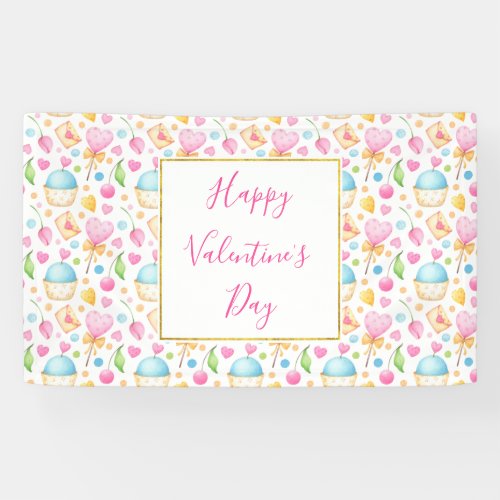 Hearts and Cupcakes Sweet Watercolor Pattern Banner