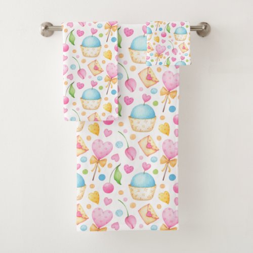 Hearts and Cupcakes Sweet Watercolor Pattern Bath Towel Set