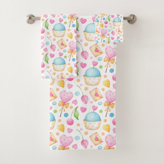 Hearts and Cupcakes Sweet Watercolor Pattern Bath Towel Set (Insitu)