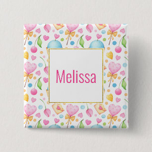 Hearts and Cupcakes Sweet Watercolor Pattern Button