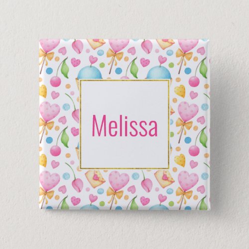 Hearts and Cupcakes Sweet Watercolor Pattern Button
