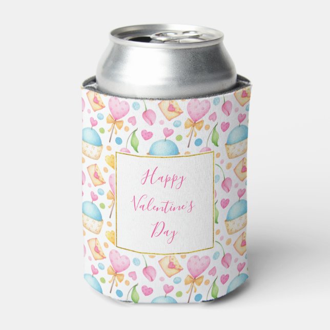Hearts and Cupcakes Sweet Watercolor Pattern Can Cooler (Can Front)