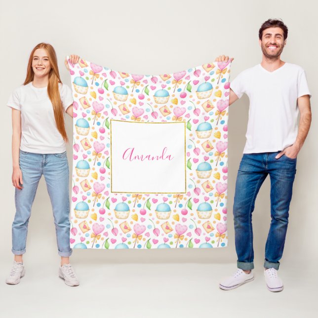 Hearts and Cupcakes Sweet Watercolor Pattern Fleece Blanket (In Situ)