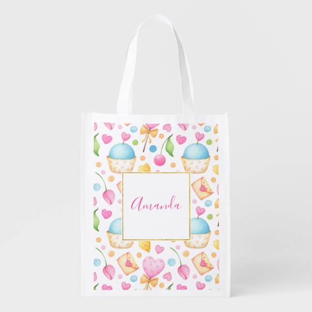 Hearts and Cupcakes Sweet Watercolor Pattern Grocery Bag (Front)