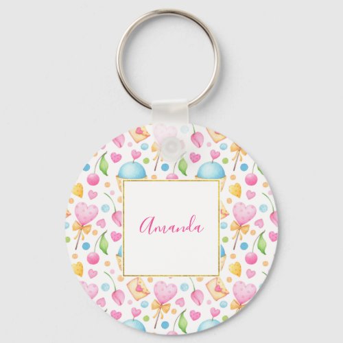 Hearts and Cupcakes Sweet Watercolor Pattern Keychain