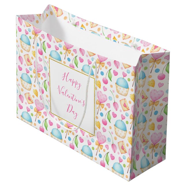 Hearts and Cupcakes Sweet Watercolor Pattern Large Gift Bag (Front Angled)