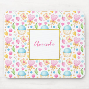 Hearts and Cupcakes Sweet Watercolor Pattern Mouse Pad