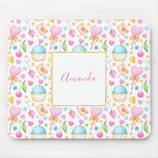 Hearts and Cupcakes Sweet Watercolor Pattern Mouse Pad (Front)