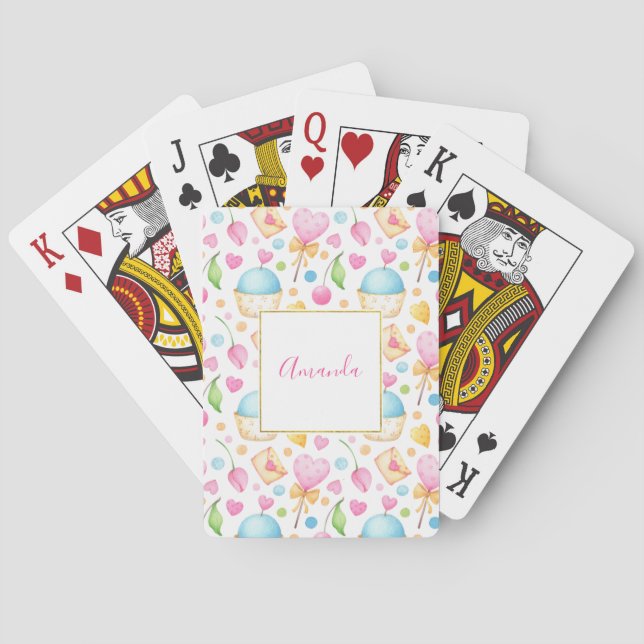 Hearts and Cupcakes Sweet Watercolor Pattern Poker Cards (Back)