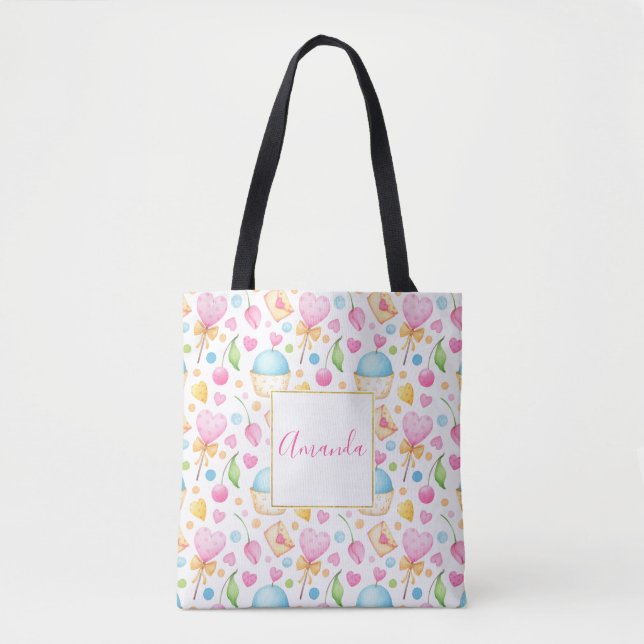 Hearts and Cupcakes Sweet Watercolor Pattern Tote Bag (Front)
