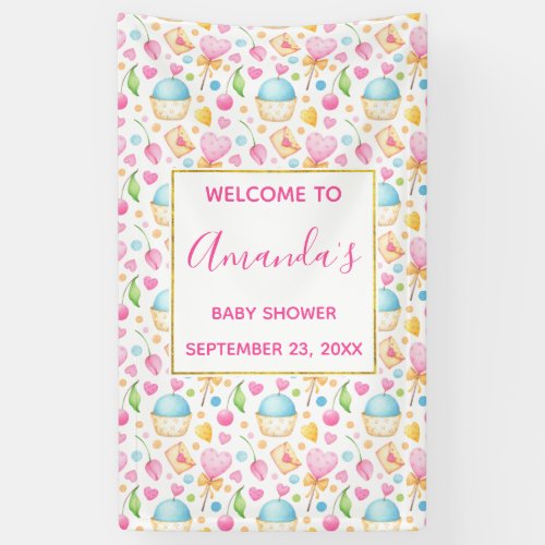 Hearts and Cupcakes Watercolor Pattern Baby Shower Banner