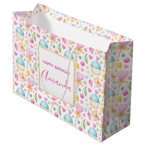 Hearts and Cupcakes Watercolor Pattern Birthday Large Gift Bag