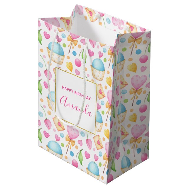 Hearts and Cupcakes Watercolor Pattern Birthday Medium Gift Bag (Front Angled)