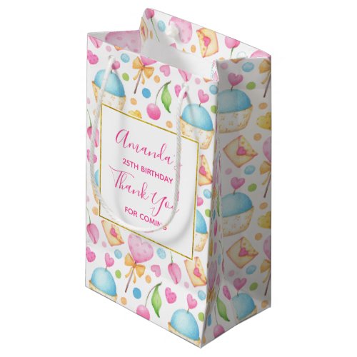 Hearts and Cupcakes Watercolor Pattern Thank You Small Gift Bag