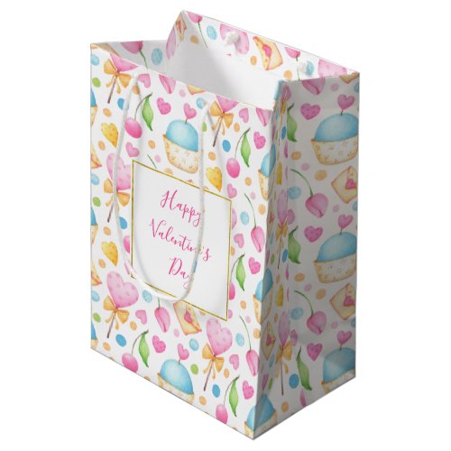 Hearts and Cupcakes Watercolor Pattern Valentines Medium Gift Bag