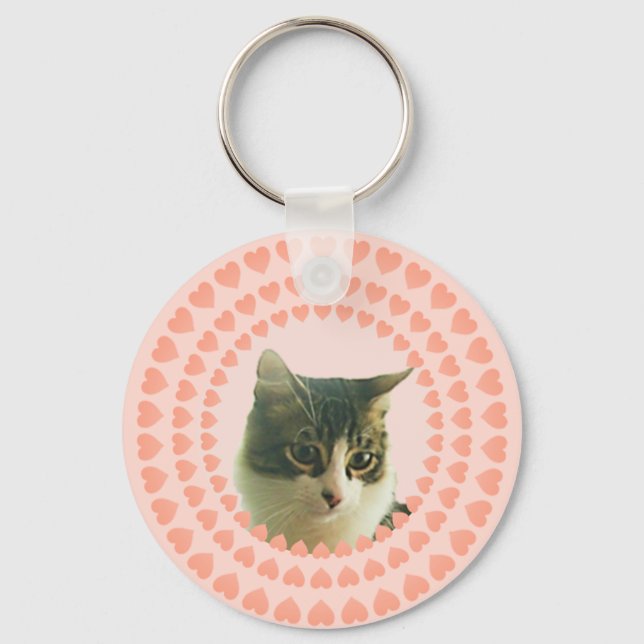 Hearts and Custom Tabby Cat Photo Keychain (Front)