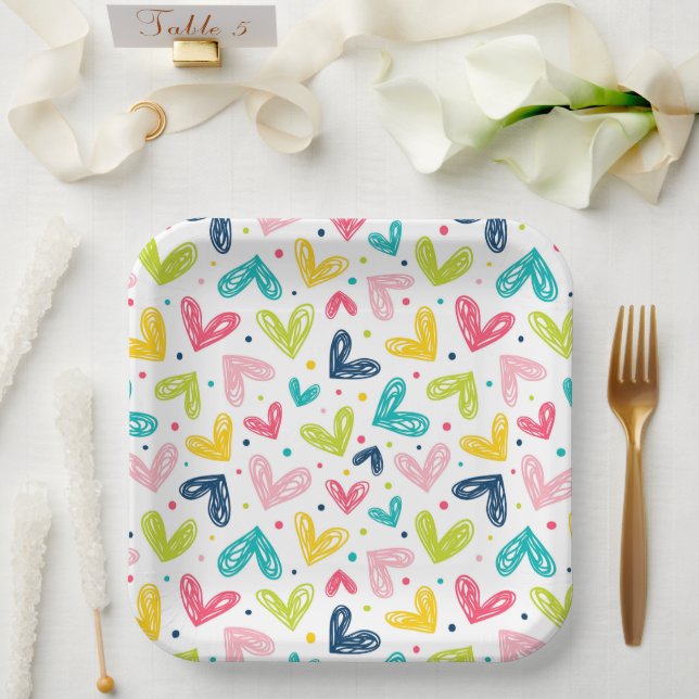  Hearts and dots in doodle style Paper Plates (Wedding)