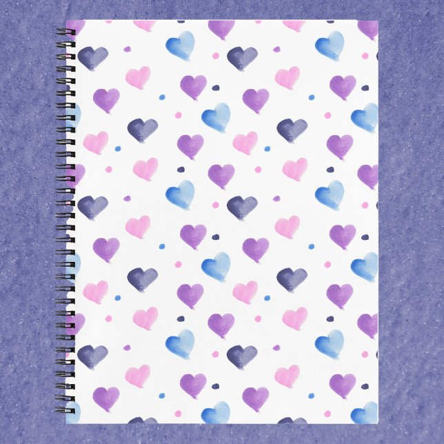 Hearts and Dots Watercolor Pink Blue Purple Notebook (A notebook with a pink, blue and purple watercolor heart pattern)