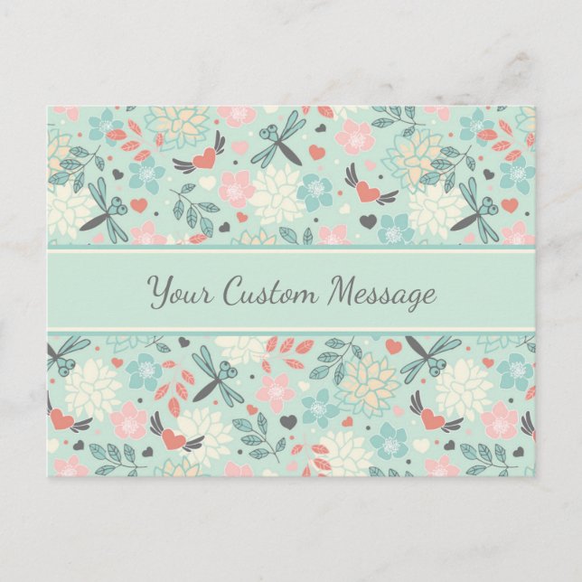 Hearts and Dragonflies Pretty Floral Postcard (Front)