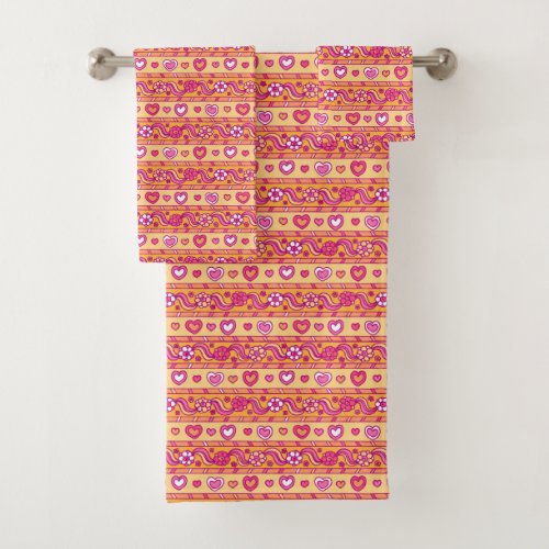 Hearts and flower doodle pattern orange pink  bath towel set