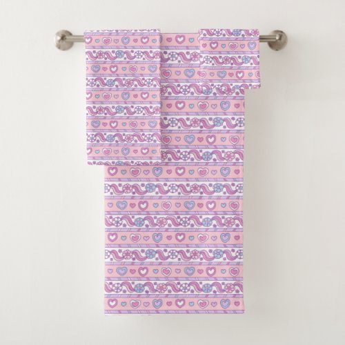 Hearts and flower doodle pattern pink purple bath towel set