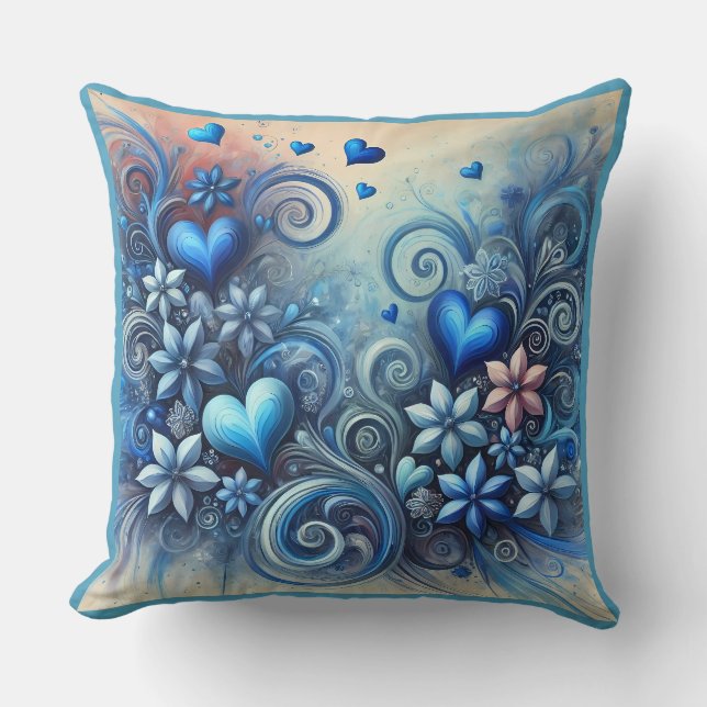 Hearts and Flowers Blues Throw Pillow (Front)