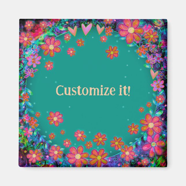 Hearts and Flowers Customized Whimsical Pretty  Magnet (Front)