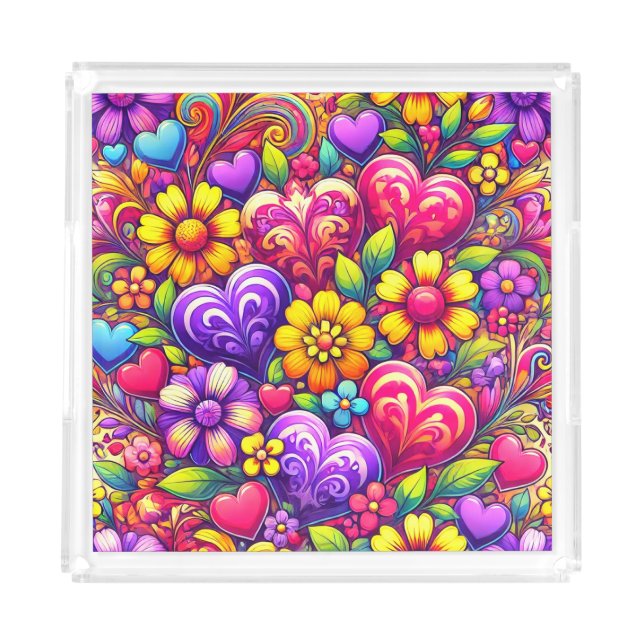 Hearts and Flowers Design Acrylic Tray (Front)