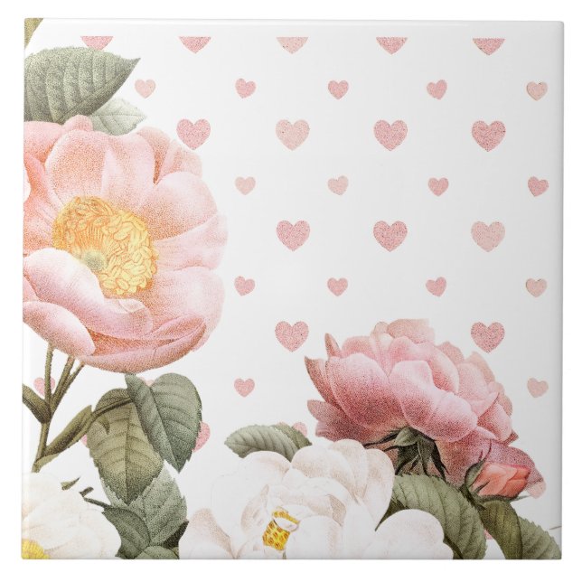 Hearts and Flowers in pretty pastel pink Ceramic Tile (Front)