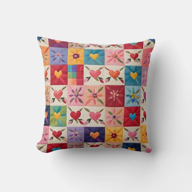 Hearts and flowers quilt throw pillow (Front)