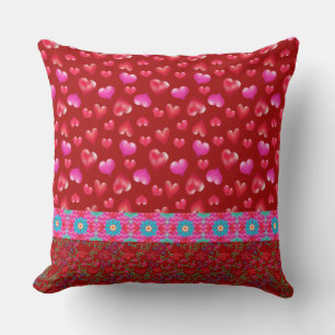Hearts and Flowers Valentine's Day Red Throw Pillow