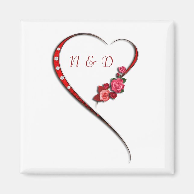 Hearts and flowers wedding initials magnet (Front)