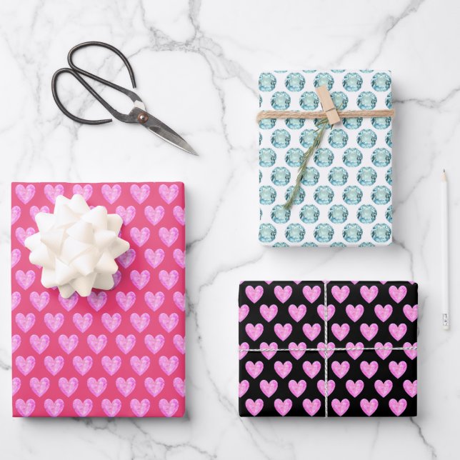 Hearts and Gems on Black, Pink & White Wrapping Paper Sheets (Front)