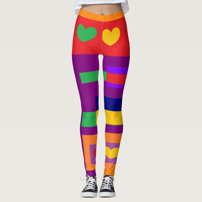 Hearts and giant stripes in red yellow purple blue leggings (Front)