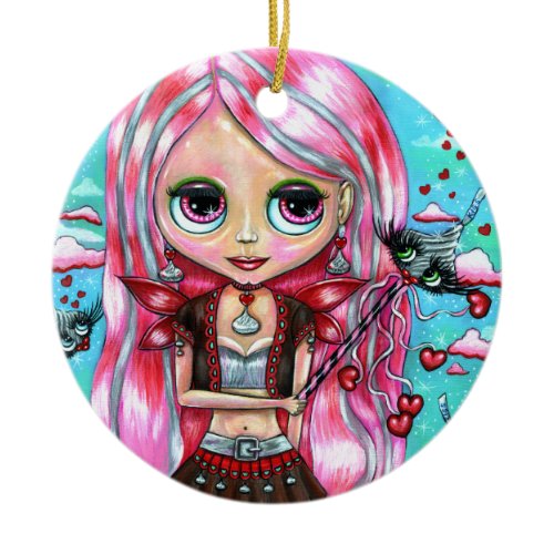 Hearts and Kisses Cute Big Eye Fairy Doll Ceramic Ornament