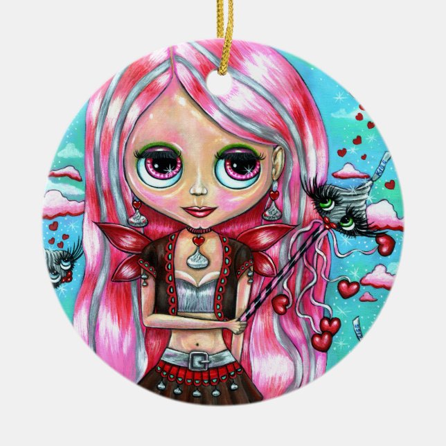 Hearts and Kisses Cute Big Eye Fairy Doll Ceramic Ornament (Front)