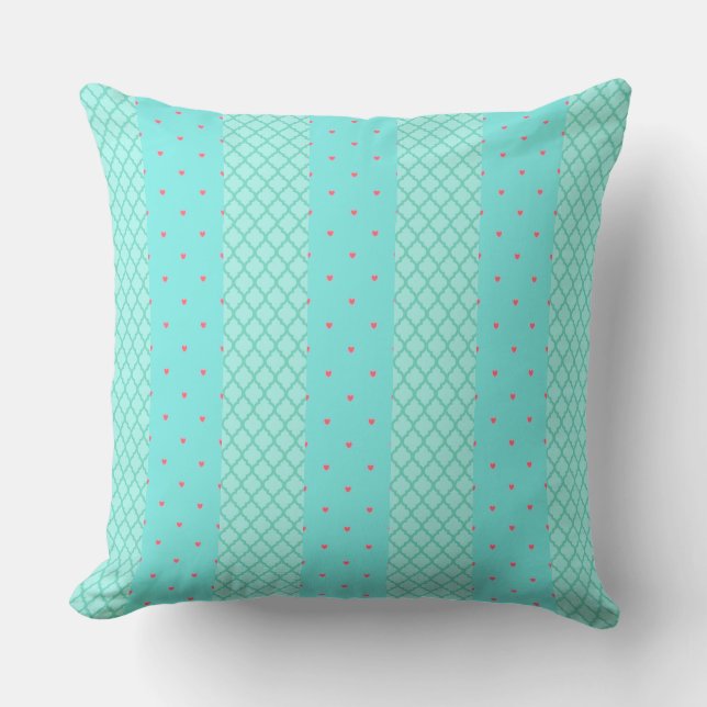 Hearts and Lattice Pastel Blue Green Pillow (Front)