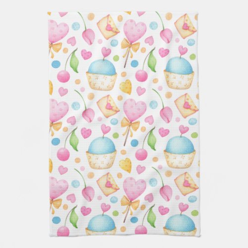 Hearts and Love Delightful Watercolor Pattern Kitchen Towel