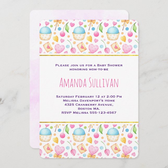 Hearts and Love Watercolor Pattern Baby Shower Invitation (Front/Back)
