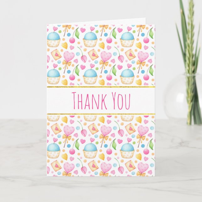 Hearts and Love Watercolor Pattern Thank You Card (Front)