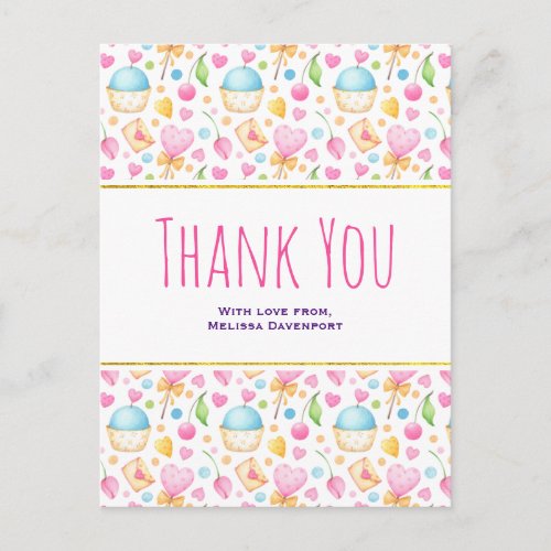 Hearts and Love Watercolor Pattern Thank You Postcard